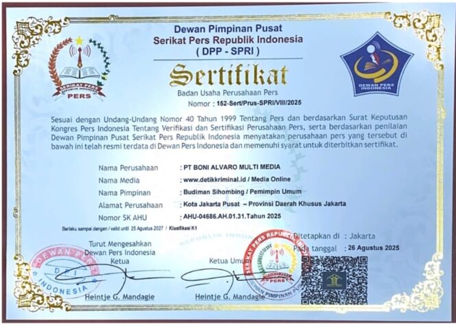 
					Media Siber detikkriminal.id, Resmi terdaftar di Serikat Pers Republik Indonesia