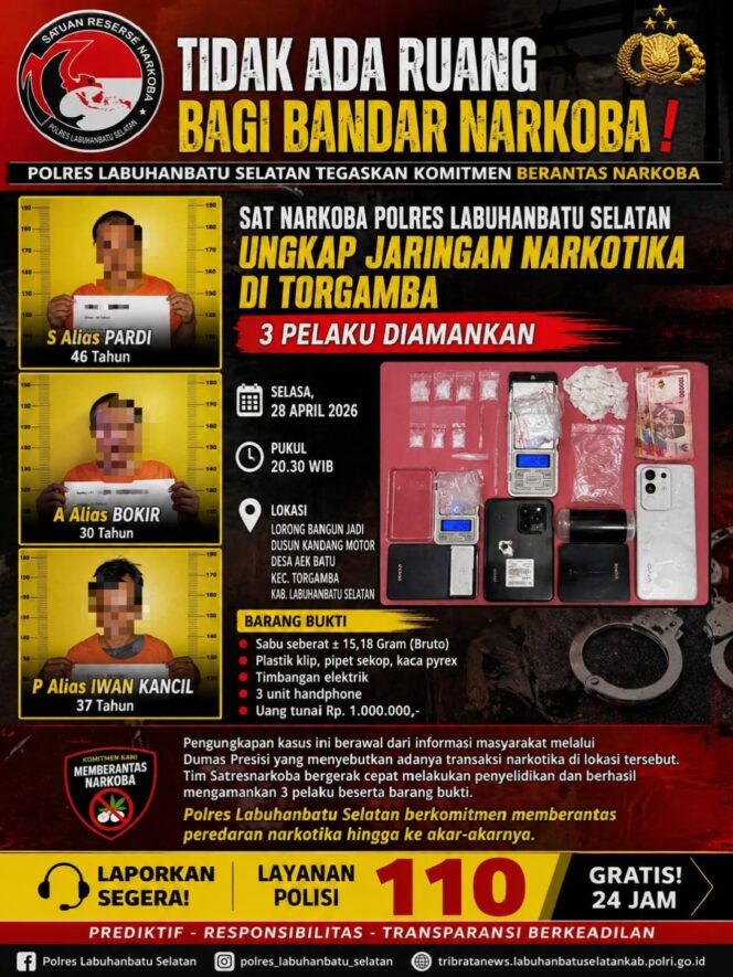 
					Polres Labuhanbatu Selatan tegaskan tidak ada ruang bagi bandar narkoba,  Tiga Pelaku Diamankan