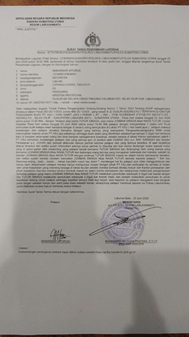 
					Antrian Sawit Berujung Laporan ke Polisi” Agen Teriak Curang, JS Keroyok Manarsar di Kantor PT HSJ Bilah Hilir.